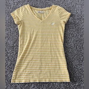 Hollister XS mustard yellow and white striped v-neck short sleeve top